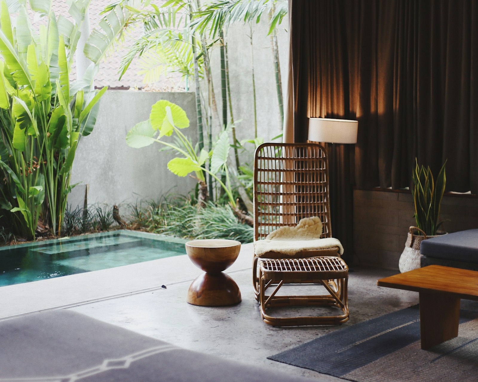 Sala de espera con luz natural, plantas y patio interno